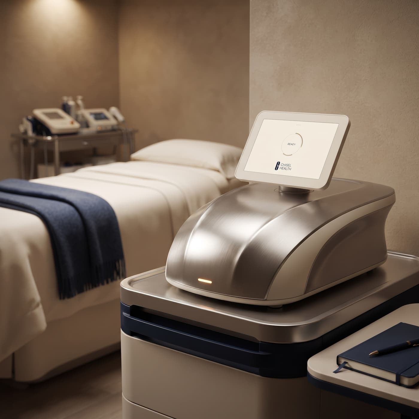A treatment room with a prepared bed and a treatment device ready for use