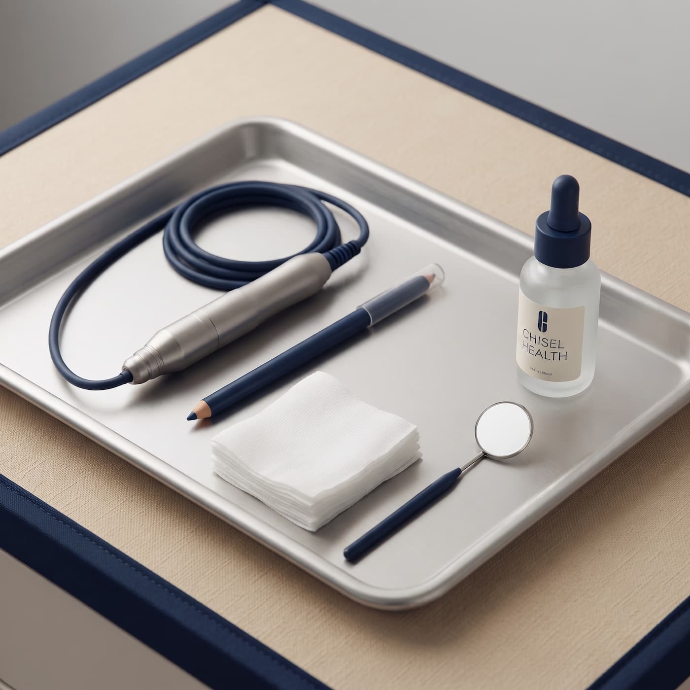 A sterile tray of instruments laid out before a treatment